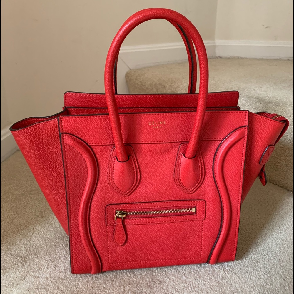 Authentic CELINE Micro Luggage Calfskin Red Coquelicot Excellent RECEIPT